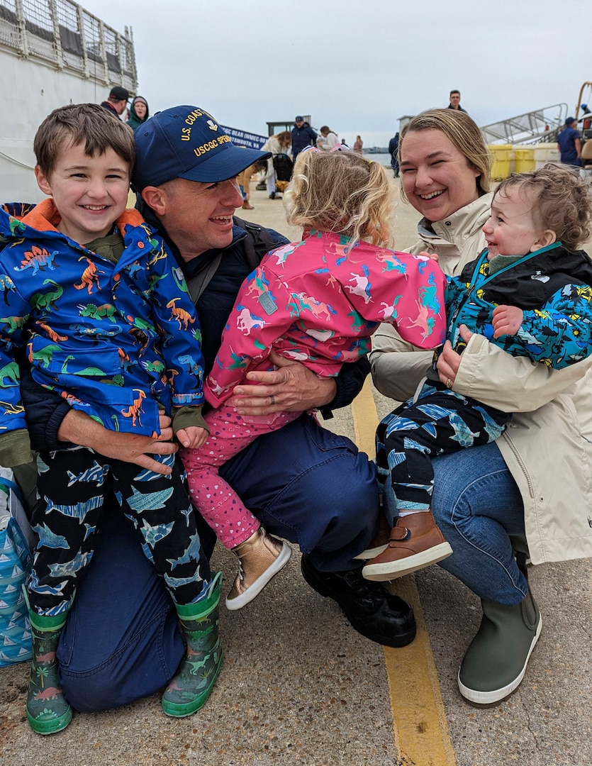 U.S. Coast Guard Petty Officer 1st Class Patrick Bianchi's family greets him at the cutter's return to home port March 10, 2023, in Portsmouth, Virginia. Spencer returned home following an 88-day deployment in the U.S. Naval Forces Europe-Africa area of operations, employed by the U.S. Sixth Fleet and Combined Task Force 65, to defend U.S., allied and partner interests. (U.S. Coast Guard photo by Petty Officer 3rd Class Kate Kilroy)