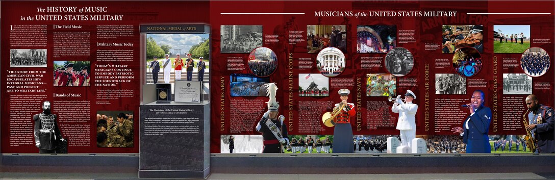 A display in the Pentagon recognizing the history and contributions of musicians in the United States military.