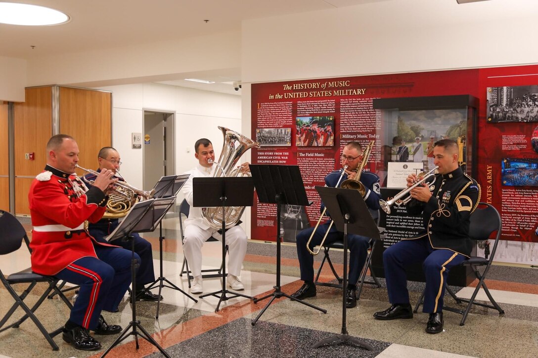 A display in the Pentagon recognizing the history and contributions of musicians in the United States military.
