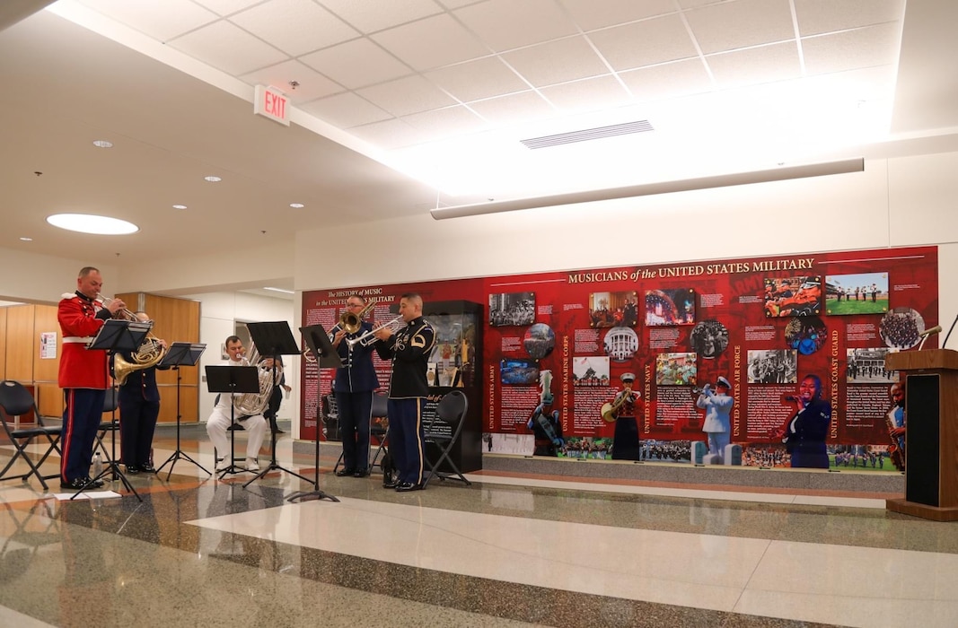 A display in the Pentagon recognizing the history and contributions of musicians in the United States military.