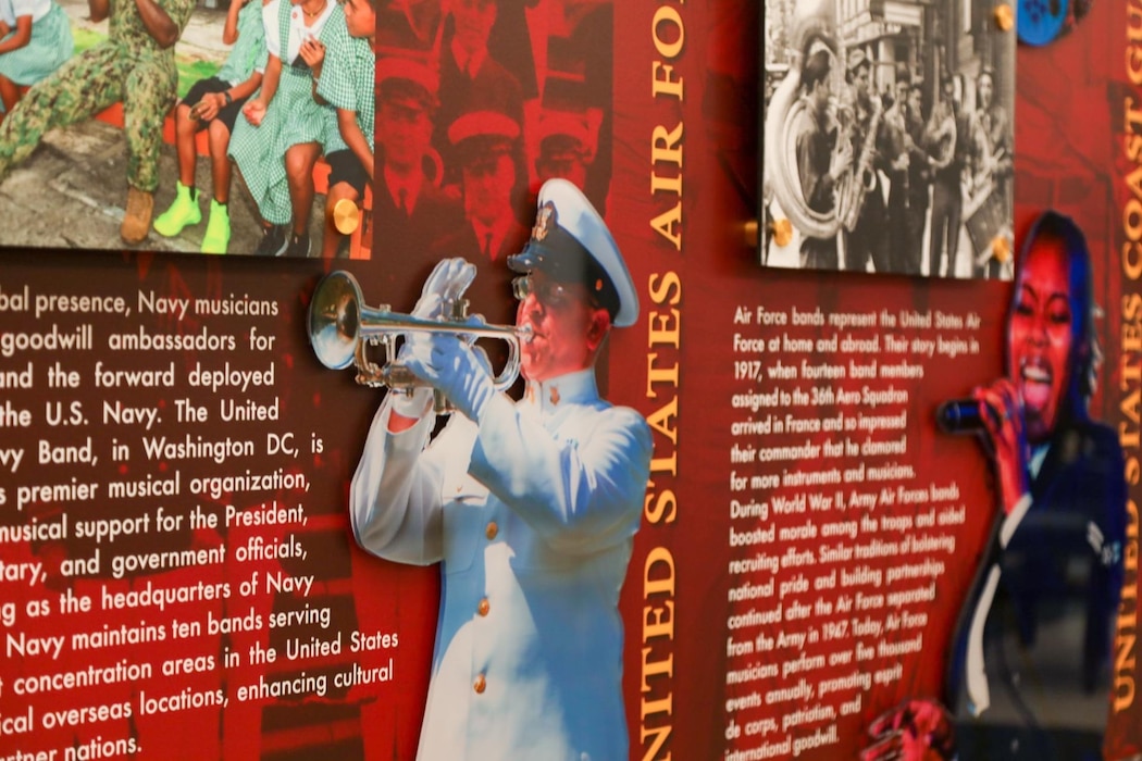 A display in the Pentagon recognizing the history and contributions of musicians in the United States military.