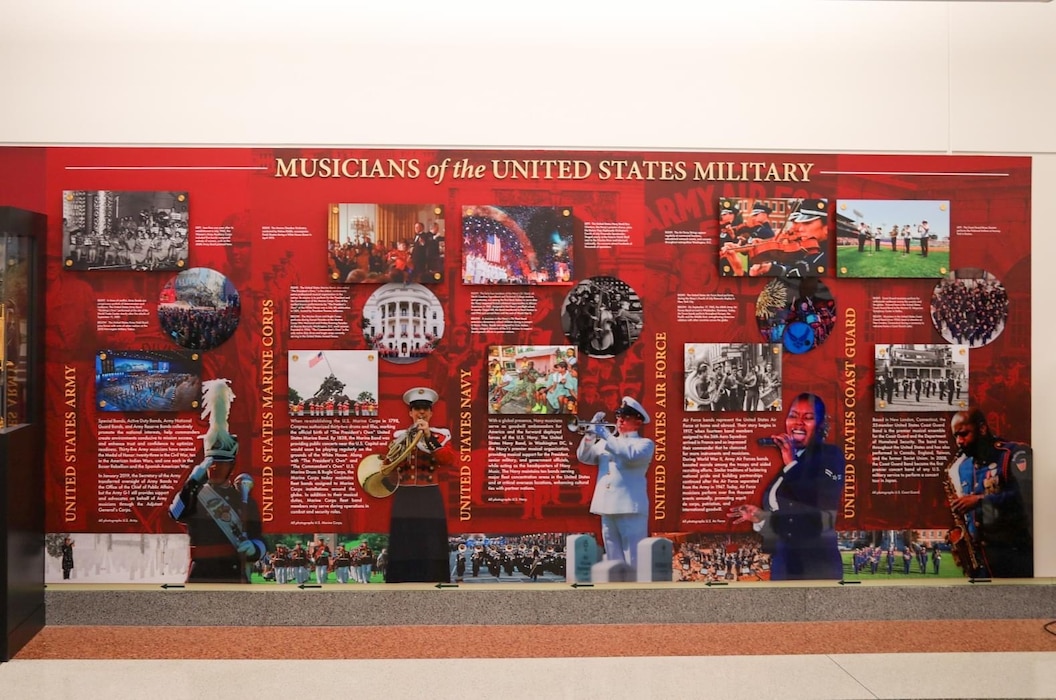 A display in the Pentagon recognizing the history and contributions of musicians in the United States military.