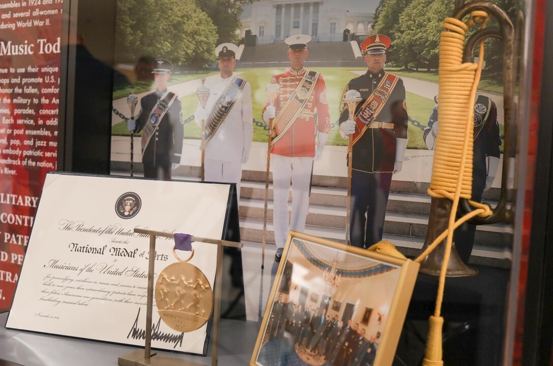 A display in the Pentagon recognizing the history and contributions of musicians in the United States military.