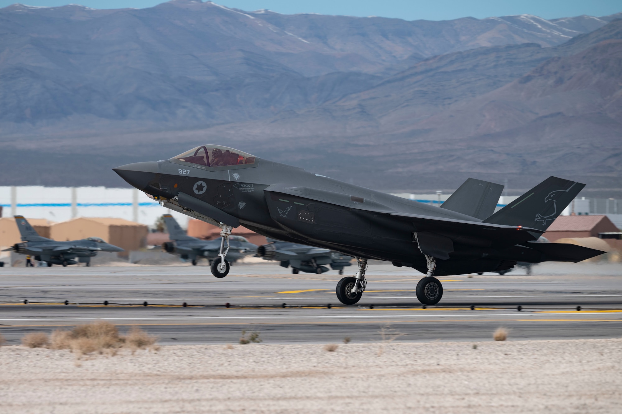 An F-35I F-35I ADIR AS-1 assigned to 140 Squadron, Nevatim Air Base Israel lands to prepare for Red Flag-Nellis 23-2 at Nellis Air Force Base, Nevada, March 8, 2023.