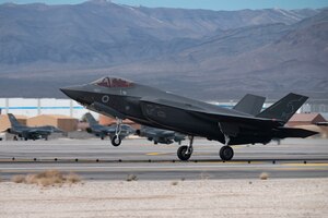 A B-1 Lancer assigned to 28th Bomb Wing, Ellsworth Air Force Base, South Dakota, lands to prepare for Red Flag-Nellis 23-2 at Nellis Air Force Base, Nevada, March 8, 2023.