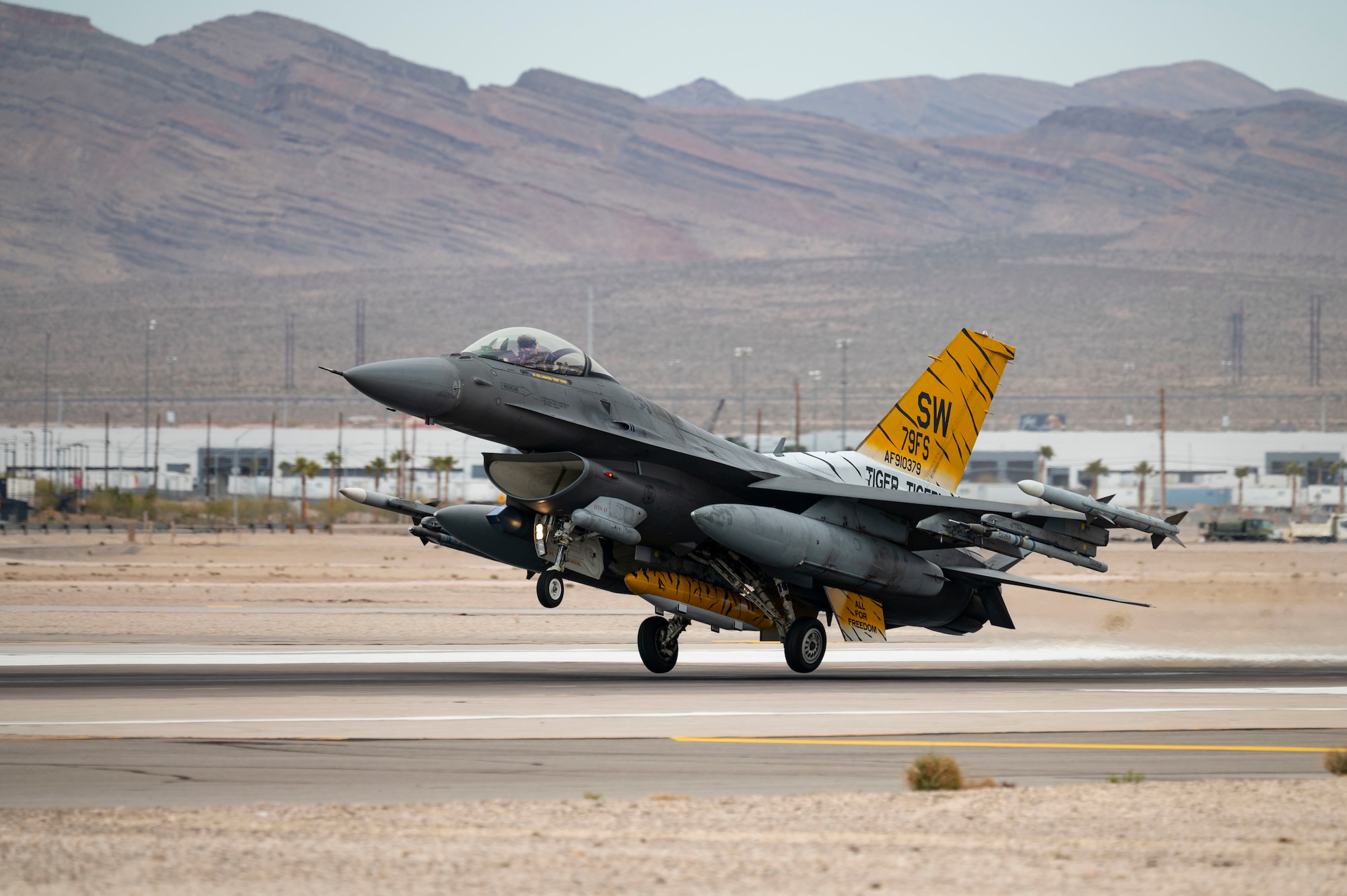 An F-16C Fighting Falcon assigned to the 20th Fighter Wing, Shaw Air Force Base (AFB), lands to prepare for Red Flag-Nellis 23-2 at Nellis AFB, Nevada, March 8, 2023.