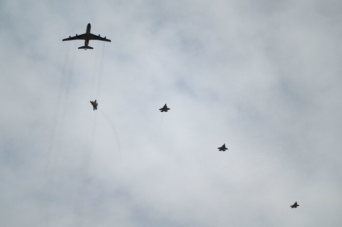 Four F-35I ADIR AS-1s assigned to the 140 Squadron, Nevatim Air Base Israel, escort a B707 Refueler in preparation for Red Flag-Nellis 23-2 at Nellis Air Force Base, Nevada, March 8, 2023.