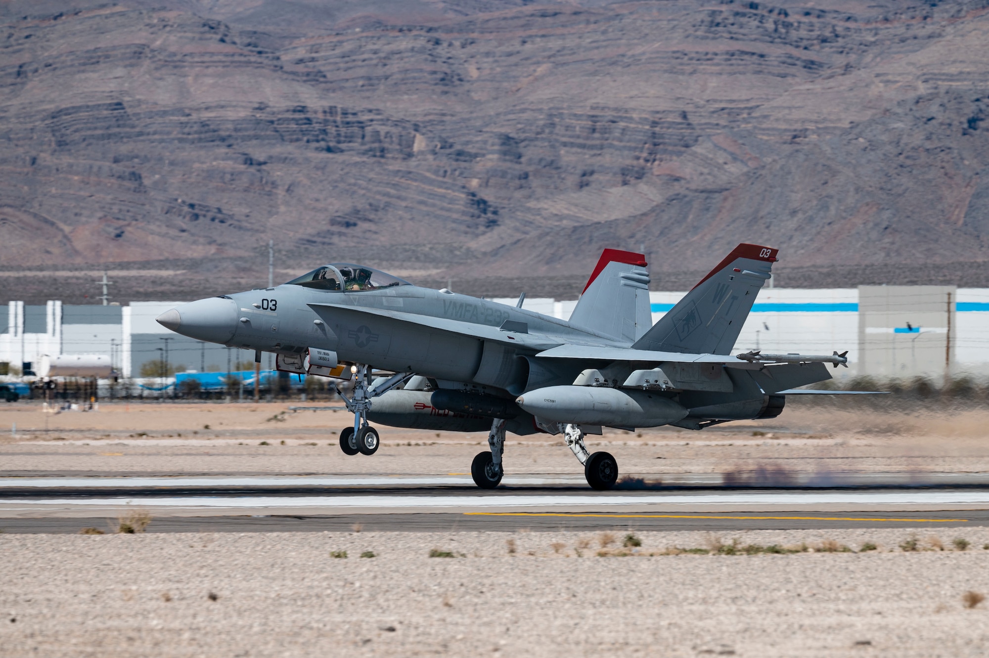 A U.S. Marine Corps F/A-18 assigned to Marine Fighter Attack Squadron,VMFA-232, Marine Corps Air Station Miramar California, lands at Nellis Air Force Base, Nevada, March 7, 2023 to prepare for Red Flag-Nellis 23-2.