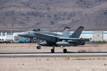 A U.S. Marine Corps F/A-18 assigned to Marine Fighter Attack Squadron,VMFA-232, Marine Corps Air Station Miramar California, lands at Nellis Air Force Base, Nevada, March 7, 2023 to prepare for Red Flag-Nellis 23-2.