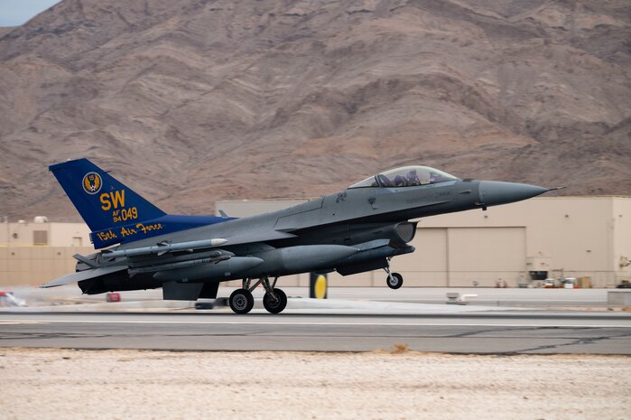 An F-16C Fighting Falcon assigned to the 20th Fighter Wing, Shaw Air Force Base (AFB), South Carolina, lands to prepare for Red Flag-Nellis 23-2 at Nellis AFB, Nevada, March 8, 2023.