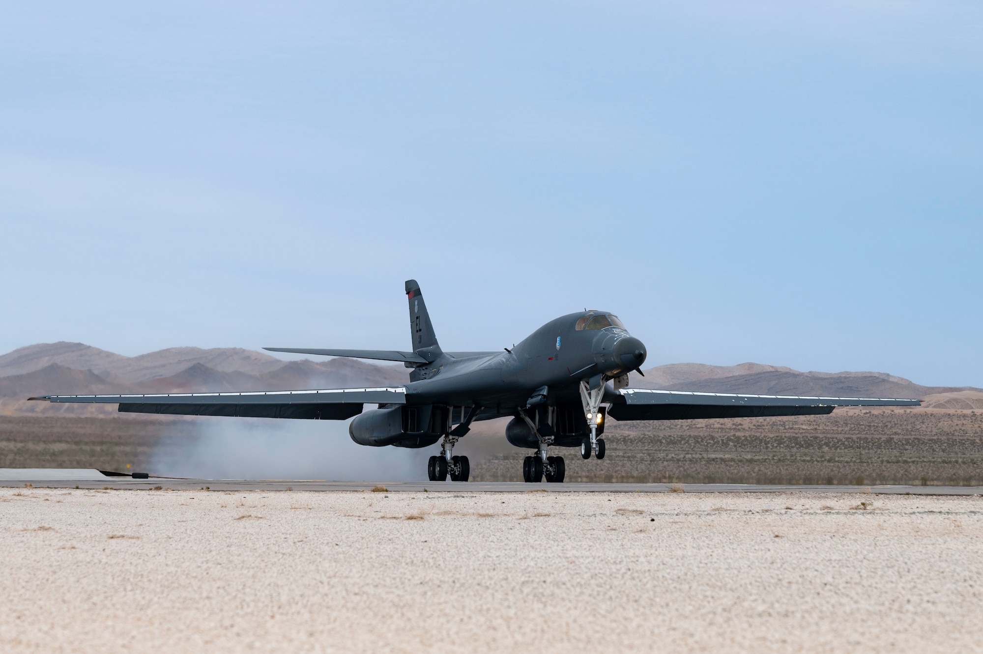 A B-1 Lancer assigned to 28th Bomb Wing, Ellsworth Air Force Base, South Dakota, lands to prepare for Red Flag-Nellis 23-2 at Nellis Air Force Base, Nevada, March 8, 2023.