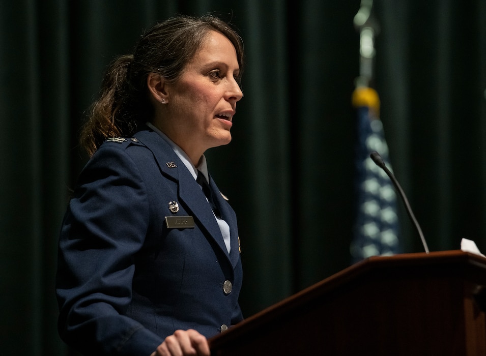U.S. Air Force Col. Jennifer Mulder, 655th Intelligence, Surveillance, and Reconnaissance Group commander, makes final remarks during the 655 ISRG change of command ceremony March 4, 2023, at the National Museum of the Air Force at Wright-Patterson Air Force Base, Ohio. As the commander, Mulder was responsible for the command and control of seven intelligence squadrons in four states.