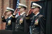 Naval Surface Warfare Center, Philadelphia Division hosts a Change of Command Ceremony where Capt. Joseph Darcy (left) relieves Capt. Dana F. Simon (right) as Commanding Officer of NSWCPD on March 10, 2023. Commander, Naval Surface Warfare Center and Naval Undersea Warfare Center Rear Adm. Kevin P. Byrne (center) serves as presiding officer, providing guest remarks. Change of Command Ceremonies are part of the U.S. Navy’s rich heritage and traditions. (U.S. Navy photo by Gary Ell/Released)