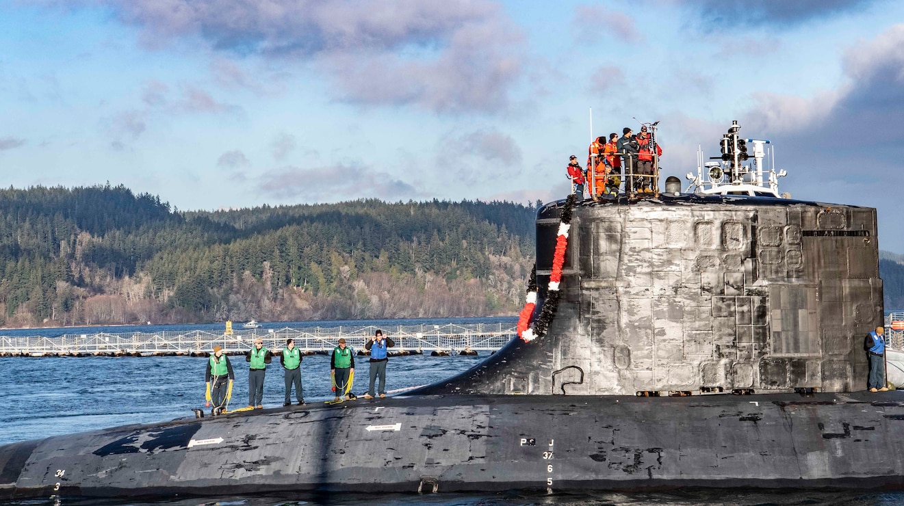 The Seawolf-class fast-attack submarine USS Seawolf (SSN 21) returns home to Naval Base Kitsap-Bangor, Washington, Dec. 14, 2022, following a seven-month deployment. Seawolf is the first of the Navy’s three Seawolf-class submarines, designed to be faster and quieter than its Los Angeles-class counterpart. (U.S. Navy photo by Mass Communication Specialist 2nd Class Gwendelyn L. Ohrazda)
