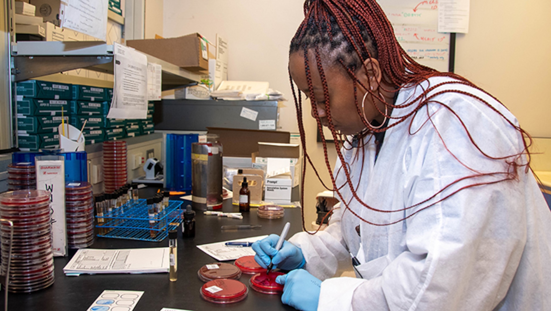 PORTSMOUTH, Va. (March 9, 2023) Laboratory Technician Andrienne Collier works with wound cultures to isolate microorganisms while working at the Naval Medical Center Portsmouth laboratory. As part of the Defense Health Agency’s Tidewater Market, the NMCP laboratory provides a comprehensive range of anatomic pathology, blood bank, and clinical pathology services to eligible beneficiaries in the Tidewater region. (U.S. Navy photo by Mass Communication Specialist 2nd Class Dylan M. Kinee/Released)