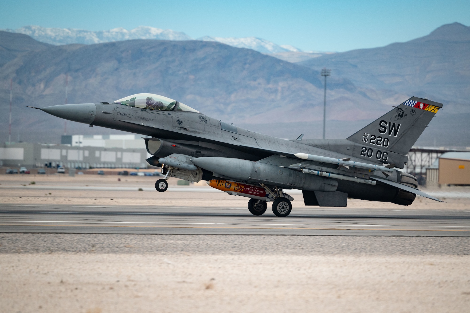 An F-16C Fighting Falcon assigned to the 20th Fighter Wing, Shaw Air Force Base (AFB), lands in preparation of Red Flag-Nellis 23-2 at Nellis AFB, Nevada, March 8, 2023.
