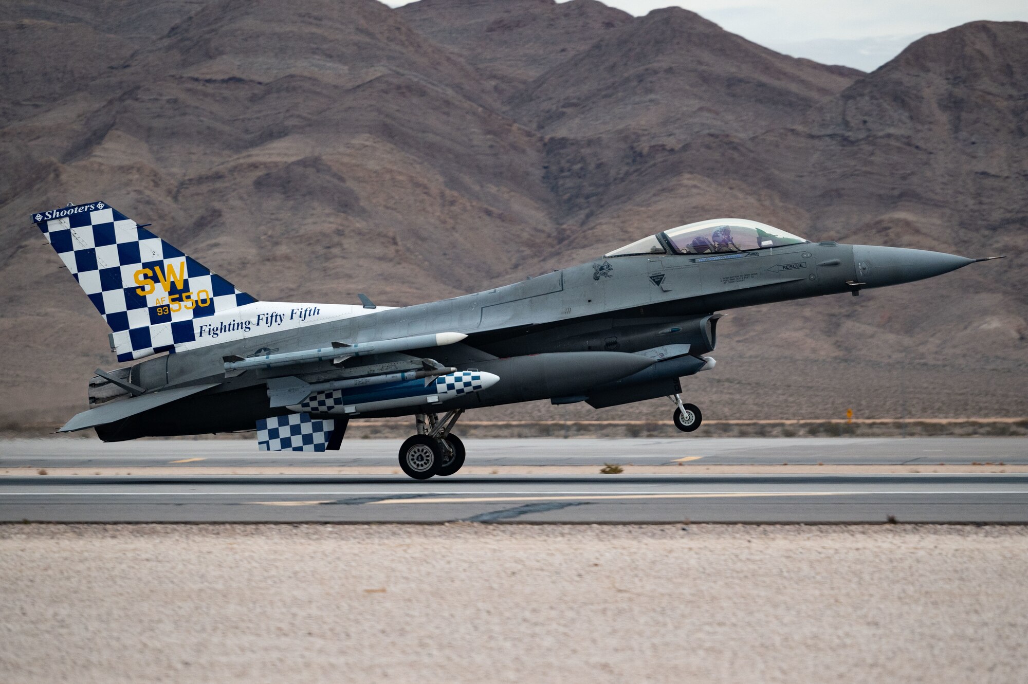 An F-16C Fighting Falcon assigned to the 20th Fighter Wing, Shaw Air Force Base (AFB), lands in preparation of Red Flag-Nellis 23-2 at Nellis AFB, Nevada, March 8, 2023.