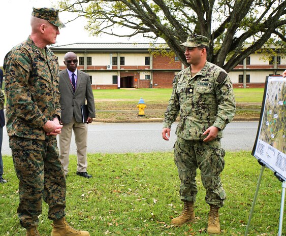 Lt. Gen. Edward D. Banta, deputy commandant, Installations and Logistics Division, took a tour of some facilities and assets at Marine Corps Logistics Base Albany, March 9. The tour included the barracks, Marine Corps Exchange, Commissary and Cpl. Dustin Jerome Lee Kennel. He also heard about upcoming projects including fuel and electric vehicle infrastructure expansions and improvements, and a future endurance course. (U.S. Marine Corps photo by Jennifer Parks)