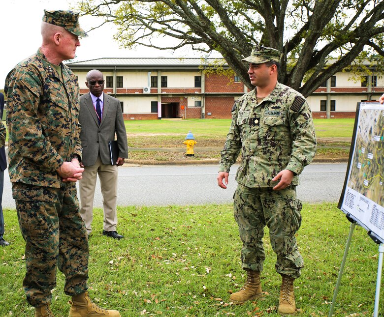 Lt. Gen. Edward D. Banta, deputy commandant, Installations and Logistics Division, took a tour of some facilities and assets at Marine Corps Logistics Base Albany, March 9. The tour included the barracks, Marine Corps Exchange, Commissary and Cpl. Dustin Jerome Lee Kennel. He also heard about upcoming projects including fuel and electric vehicle infrastructure expansions and improvements, and a future endurance course. (U.S. Marine Corps photo by Jennifer Parks)