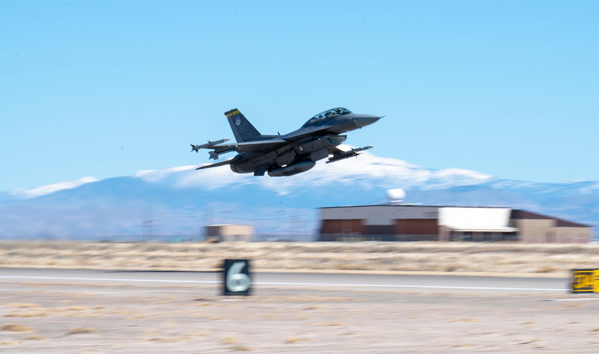 An F-16 Viper assigned to the 49th Wing takes off for a large force exercise as part of the 19th Air Force Commander’s Call and Fly-In at Holloman Air Force Base, New Mexico, March 3, 2023