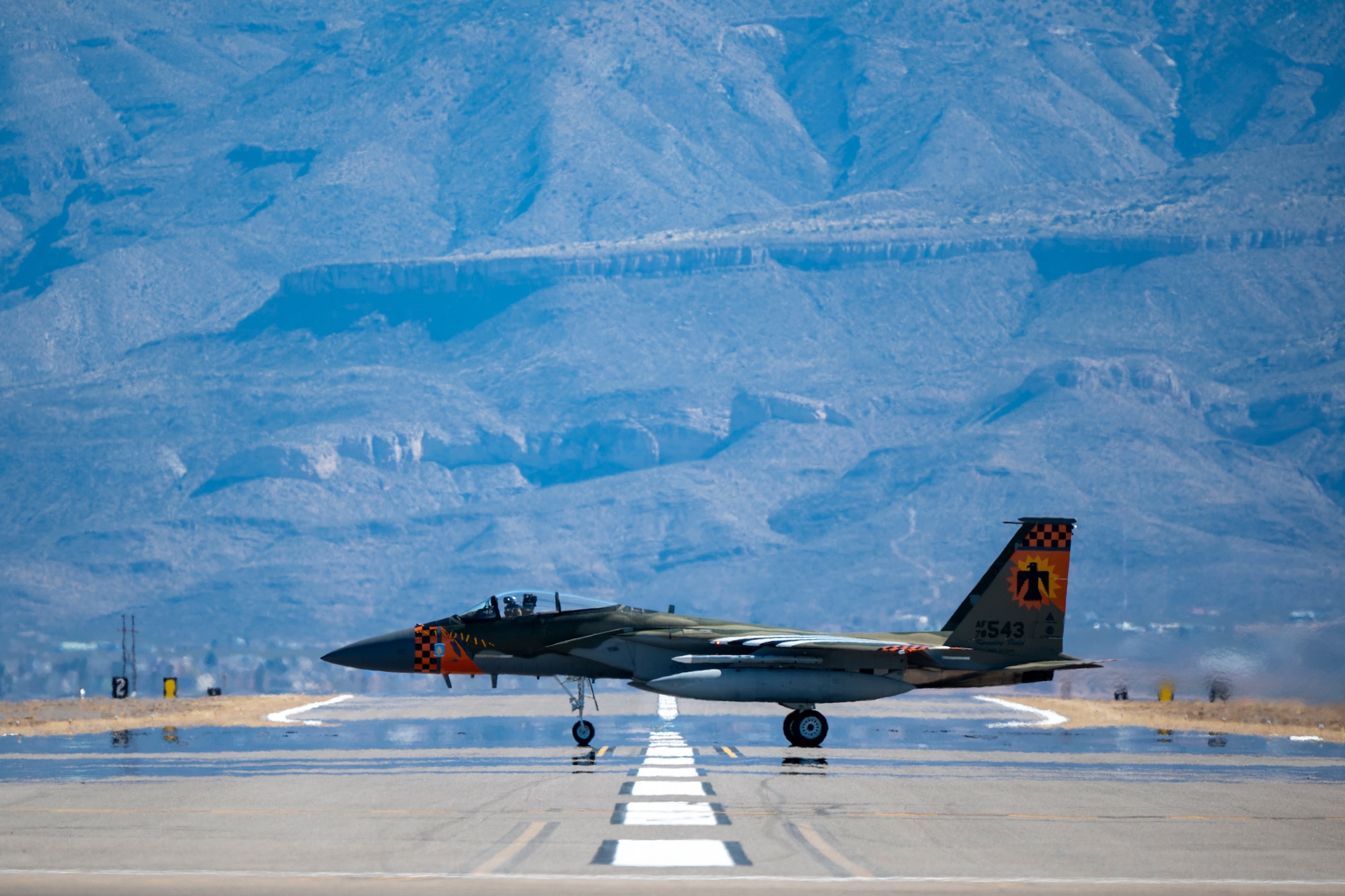 An F-15C Eagle assigned to the 173rd Fighter Wing at Kingsley Field, Oregon, taxis before taking off for a large force exercise as part of the 19th Air Force Commander’s Call and Fly-In at Holloman Air Force Base, New Mexico, March 3, 2023.