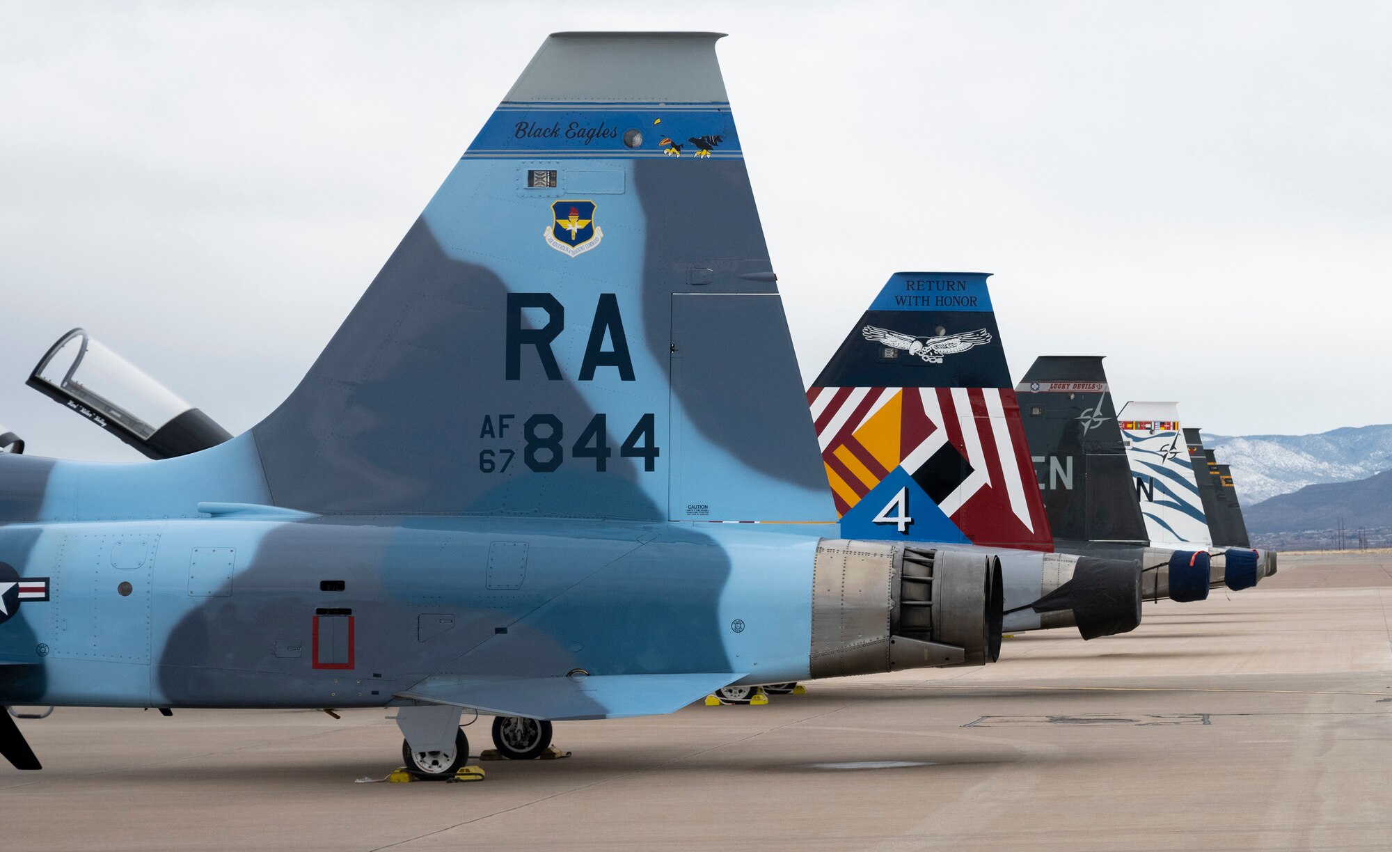 Flagship aircraft from 19th Air Force wings are lined up on the flightline at Holloman Air Force Base, New Mexico, March 2, 2023.