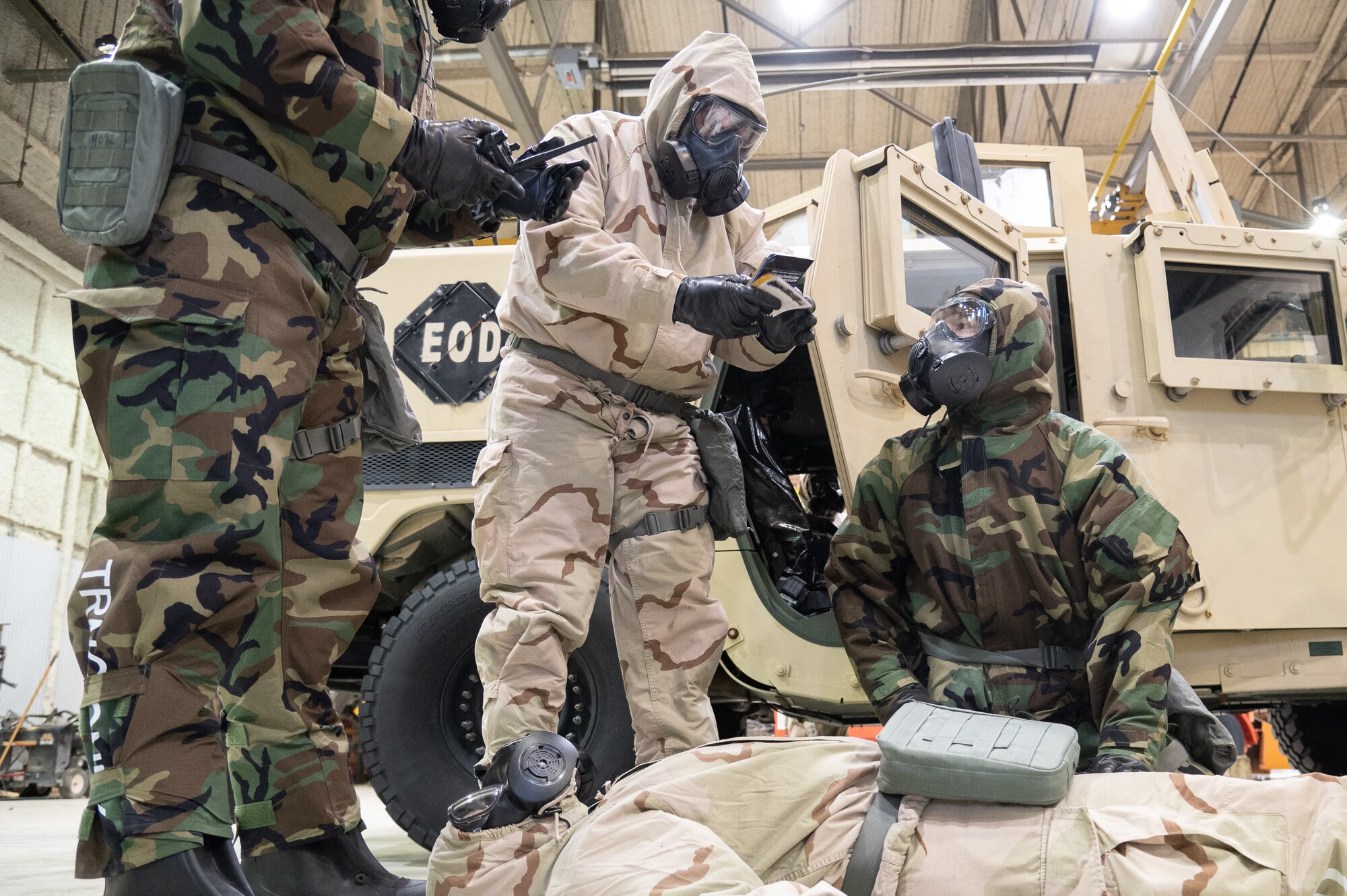 Airmen with the 436th Civil Engineer Squadron train on how to repel enemy attacks to their vehicle convoy during a readiness exercise at Dover Air Force Base, Delaware, March 7, 2023. The exercise tested the abilities of the 436th Airlift Wing to generate, employ and sustain airpower across the world in a contested and degraded operational environment. (U.S. Air Force photo by Mauricio Campino)