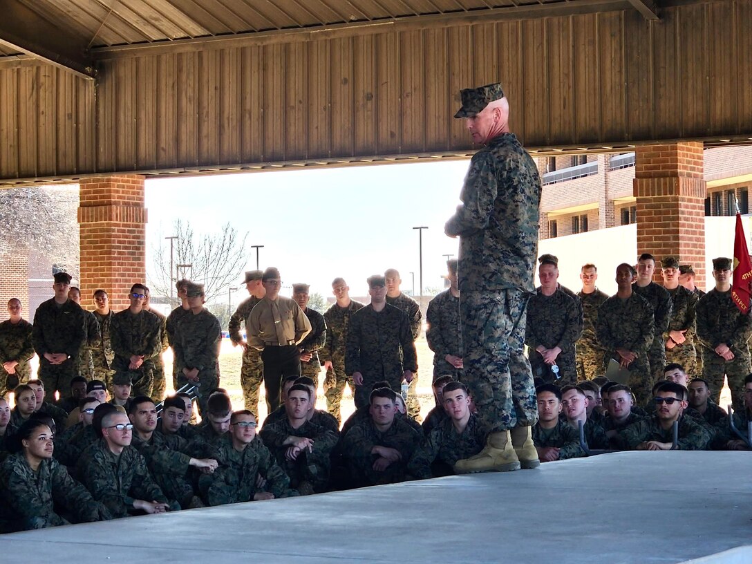 The Marines of Marine Corps Detachment Goodfellow Air Force Base recently had the pleasure of hosting Sergeant Major Jody Armentrout, Group Sergeant Major of Marine Aviation Training Support Group 22. The Marines raised morale and motivation while also receiving the opportunity and privilege of learning valuable life, leadership, and mentorship skills while Sergeant Major Armentrout was on deck.