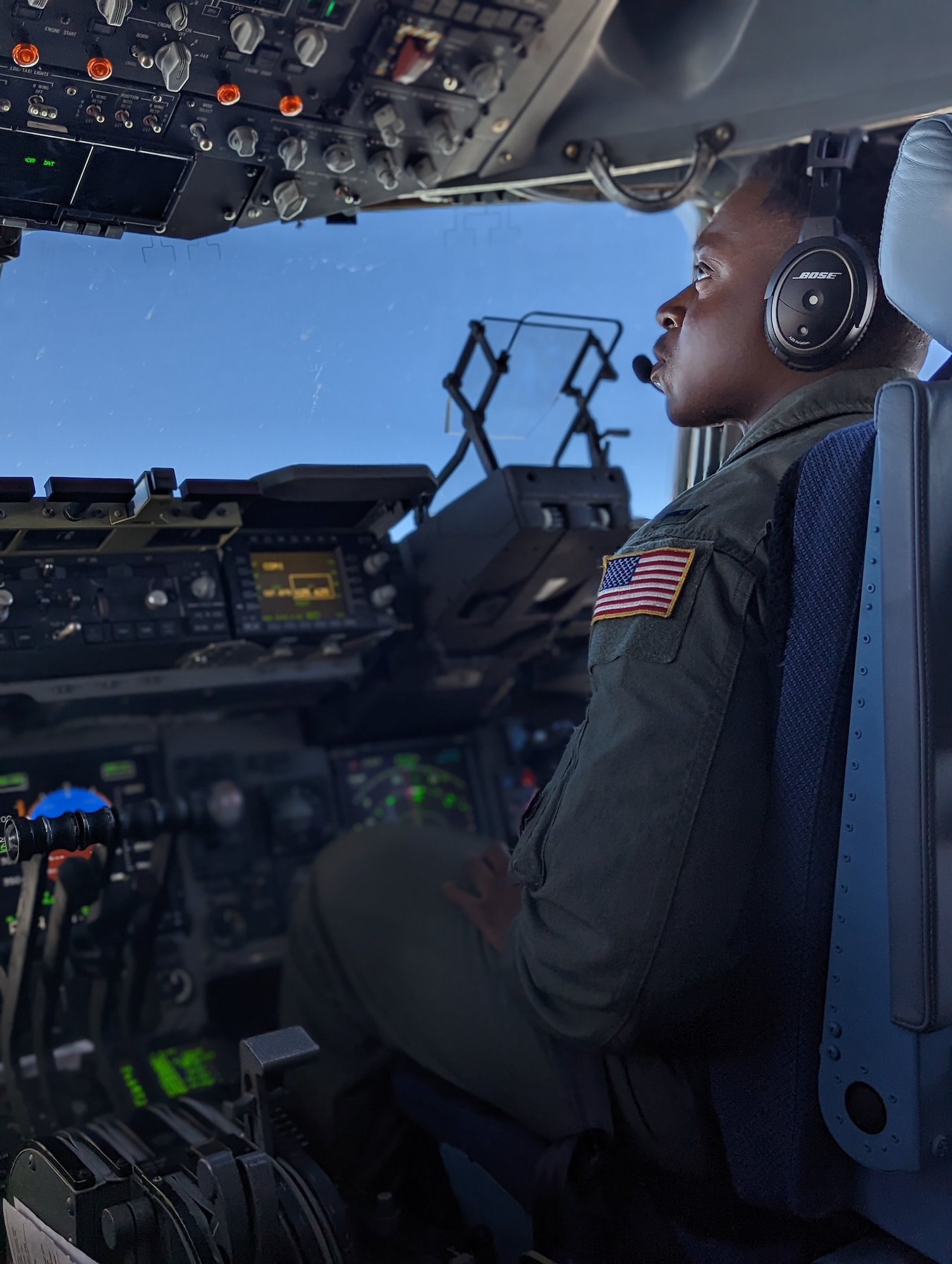 1st Lt. John Waller, C-17 Globemaster III pilot, 701st Airlift Squadron, flies i1st Lt. John Waller, C-17 Globemaster III pilot, 701st Airlift Squadron, flies in the right seat during a training mission, March 9, 2023. The Air Force Reserve aircrew from Joint Base Charleston's 701AS refueled in-flight from the Kansas Air National Guard's 117th Air Refueling Squadron while flying westward over the Great Plains and the Rocky Mountains. (U.S. Air Force photo by Tech. Sgt. Della Creech)n the right seat during a training mission, March 9, 2023. The Air Force Reserve aircrew from Joint Base Charleston's 701AS refueled in-flight from the Kansas Air National Guard's 117th Air Refueling Squadron while flying westward over the Great Plains and the Rocky Mountains. (U.S. Air Force photo by Tech. Sgt. Della Creech)