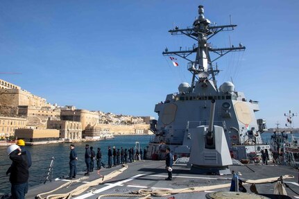 (March 11, 2023) The Arleigh Burke-class guided-missile destroyer USS Nitze (DDG 94) arrives in Valletta, Malta for a scheduled port visit, March 11, 2023. The George H.W. Bush Carrier Strike Group is on a scheduled deployment in the U.S. Naval Forces Europe area of operations, employed by U.S. Sixth Fleet to defend U.S., allied, and partner interests.