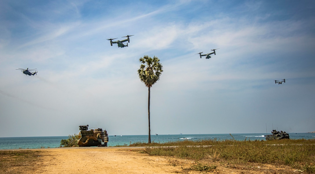 U.S. Marine Corps MV-22 Ospreys assigned to Marine Medium Tiltrotor Squadron (Rein.) 362, 13th Marine Expeditionary Unit, fly over multinational forces during an amphibious exercise as part of Exercise Cobra Gold 23 in Chonburi province, Kingdom of Thailand, March 3, 2023.