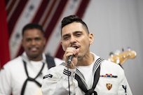 DJIBOUTI, Djibouti (March 7, 2023) - U.S Navy Musician Third Class Robert Novoa, lead vocalist, U.S. Naval Forces Europe and Africa Band, sings during a pre-recorded concert for Radio Television of Djibouti, (RTD); that will be broadcasted across Djibouti, March 7, 2023. Cutlass Express 2023, conducted by U.S. Naval Forces Africa (NAVAF) and sponsored by U.S. Africa Command (AFRICOM) is designed to assess and improve combined maritime law enforcement techniques, promote safety and security in the Western Indian Ocean, and increase interoperability between participating nations. U.S. Sixth Fleet, headquartered in Naples, Italy, conducts the full spectrum of joint and naval operations, often in concert with allied and interagency partners, in order to advance U.S. national interests and security and stability in Europe and Africa. (U.S. Navy photo by Mass Communication Specialist 1st Class Randi R. Brown)