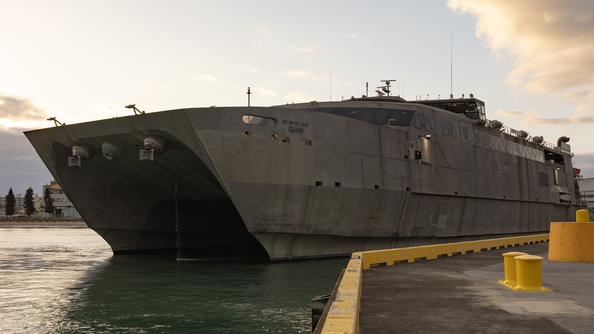 The high-speed transport vessel USNS Guam (T-HST 1) departs Naha Military Port, Okinawa, Japan, March 3, 2023. The USNS Guam will transport the Marines to the Republic of Korea for exercise Freedom Shield 23. Freedom Shield is a defense-oriented exercise designed to strengthen the ROK-U.S. Alliance, enhance our combined defense posture, and strengthen security and stability on the Korean peninsula. (U.S. Marine Corps photo by Lance Cpl. Tyler Andrews)