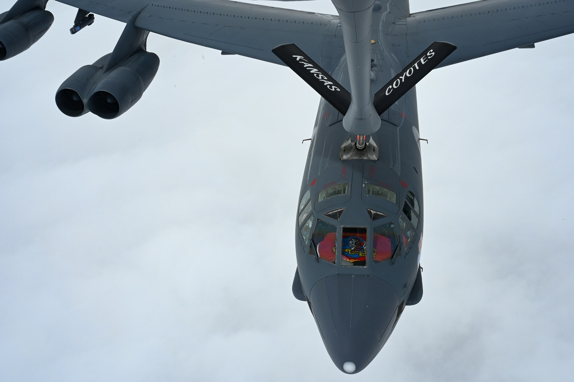 A U.S. Air Force B-52H Stratofortress assigned to the 23rd Bomb Squadron, refuels with a KC-135 Stratotanker assigned to the 91st Expeditionary Air Refueling Squadron in the U.S. Central Command area of responsibility during a Bomber Task Force mission, March 12, 2023. The short-notice, non-stop deployment underscores the U.S., and coalition force’s commitment to their regional partners, while validating the ability to rapidly deploy combat airpower anywhere in the world.  (U.S. Air Force photo by Tech. Sgt. Diana M. Cossaboom)
