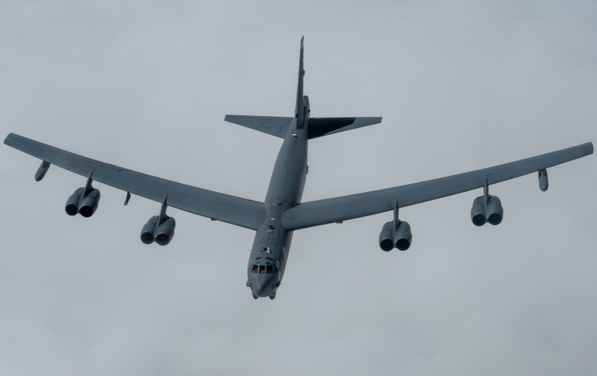 A U.S. Air Force B-52H Stratofortress assigned to the 23rd Bomb Squadron, flies in the U.S. Central Command area of responsibility during a Bomber Task Force mission, March 12, 2023. The short-notice, non-stop deployment underscores the U.S., and coalition force’s commitment to their regional partners, while validating the ability to rapidly deploy combat airpower anywhere in the world. (U.S. Air Force photo by Staff Sgt. Kirby Turbak)
