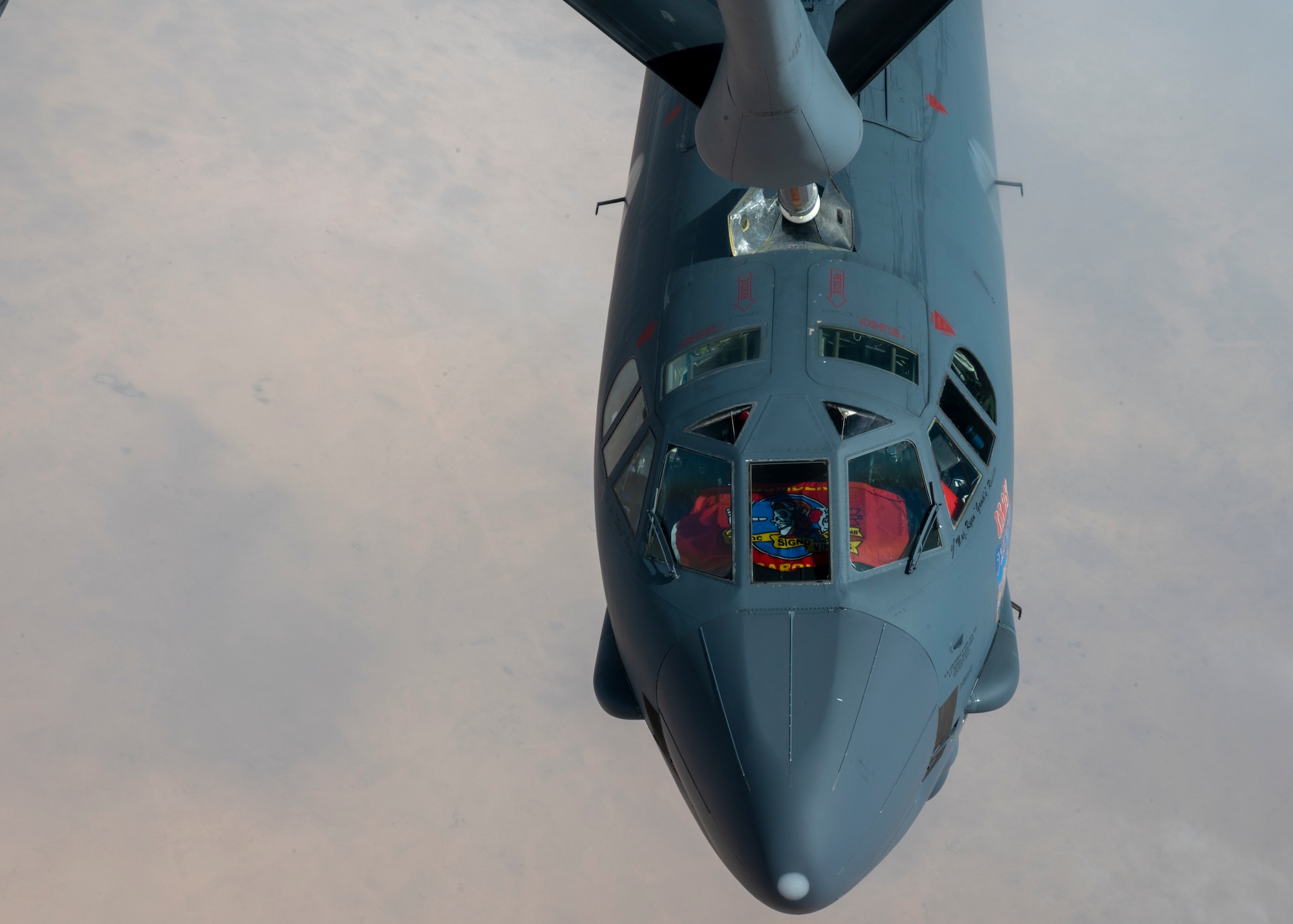 A U.S. Air Force B-52H Stratofortress assigned to the 23rd Bomb Squadron, refuels with a KC-135 Stratotanker assigned to the 91st Expeditionary Air Refueling Squadron in the U.S. Central Command area of responsibility during a Bomber Task Force mission, March 12, 2023. The bomber deployment showcases the U.S. and partner nation commitment to regional security and demonstrates the capabilities of a short-notice, rapid deployment of assets. The B-52 is a long-range, heavy bomber capable of carrying a 70,000 pound payload and flying long distances without refuel, providing the U.S., coalition and partner forces with global strike capability to deter conflict while credibly demonstrating the U.S.’s ability to address the global security environment. (U.S. Air Force photo by Staff Sgt. Kirby Turbak)