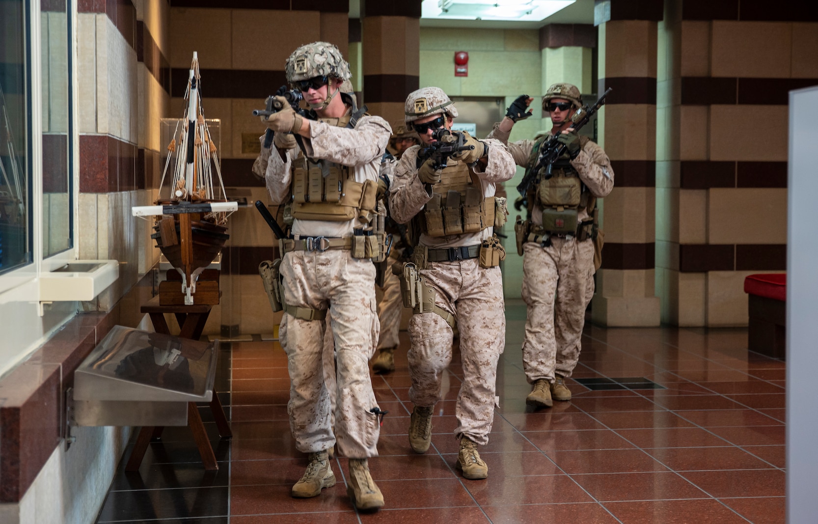 OMAN (February 24, 2023) – U.S. Marines assigned to Fleet Anti-Terrorism Security Team Central Command (FASTCENT)  conduct interior tactics during an embassy reinforcement drill in Muscat, Oman.