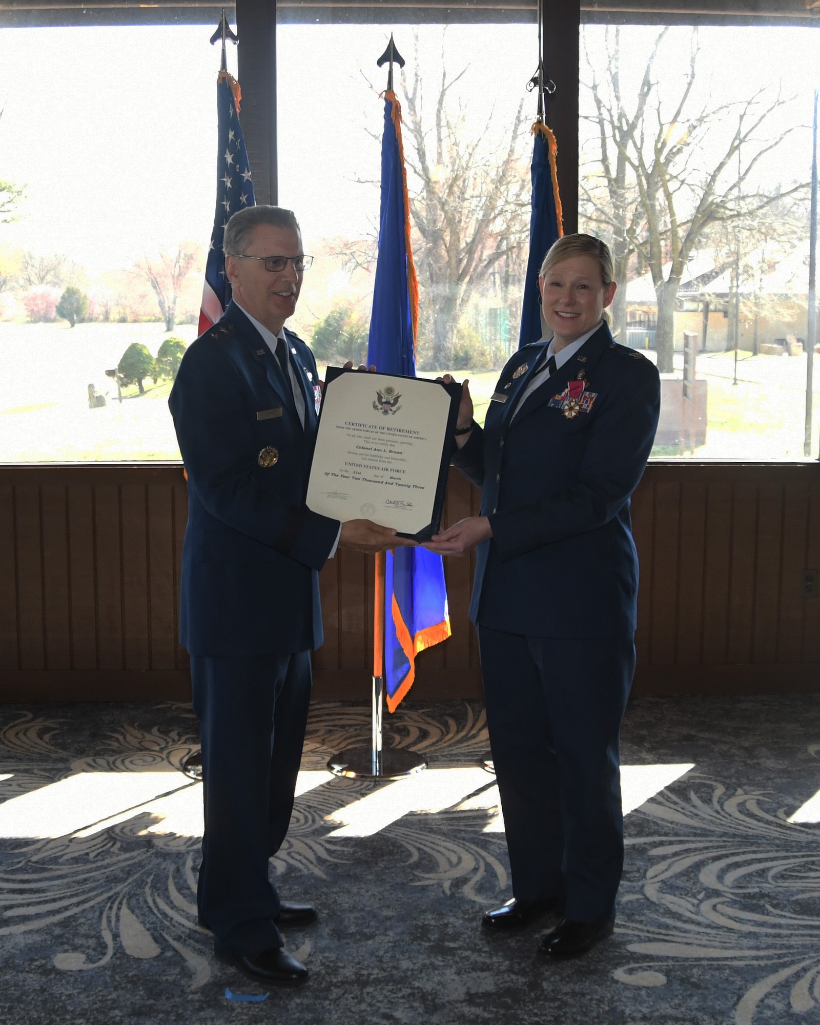 Col. Ann Brown, 459th Mission Support Group Commander, retired from the Air Force March 5, 2023, at Joint Base Andrews, Md. Her retirement ceremony held at The Courses at Andrews caps more than 33 years of honorable, decorated service. Retired Maj. Gen. Randall Ogden was the presiding official of the ceremony. Gen. Ogden is also a former member of the 459th Air Refueling Wing.