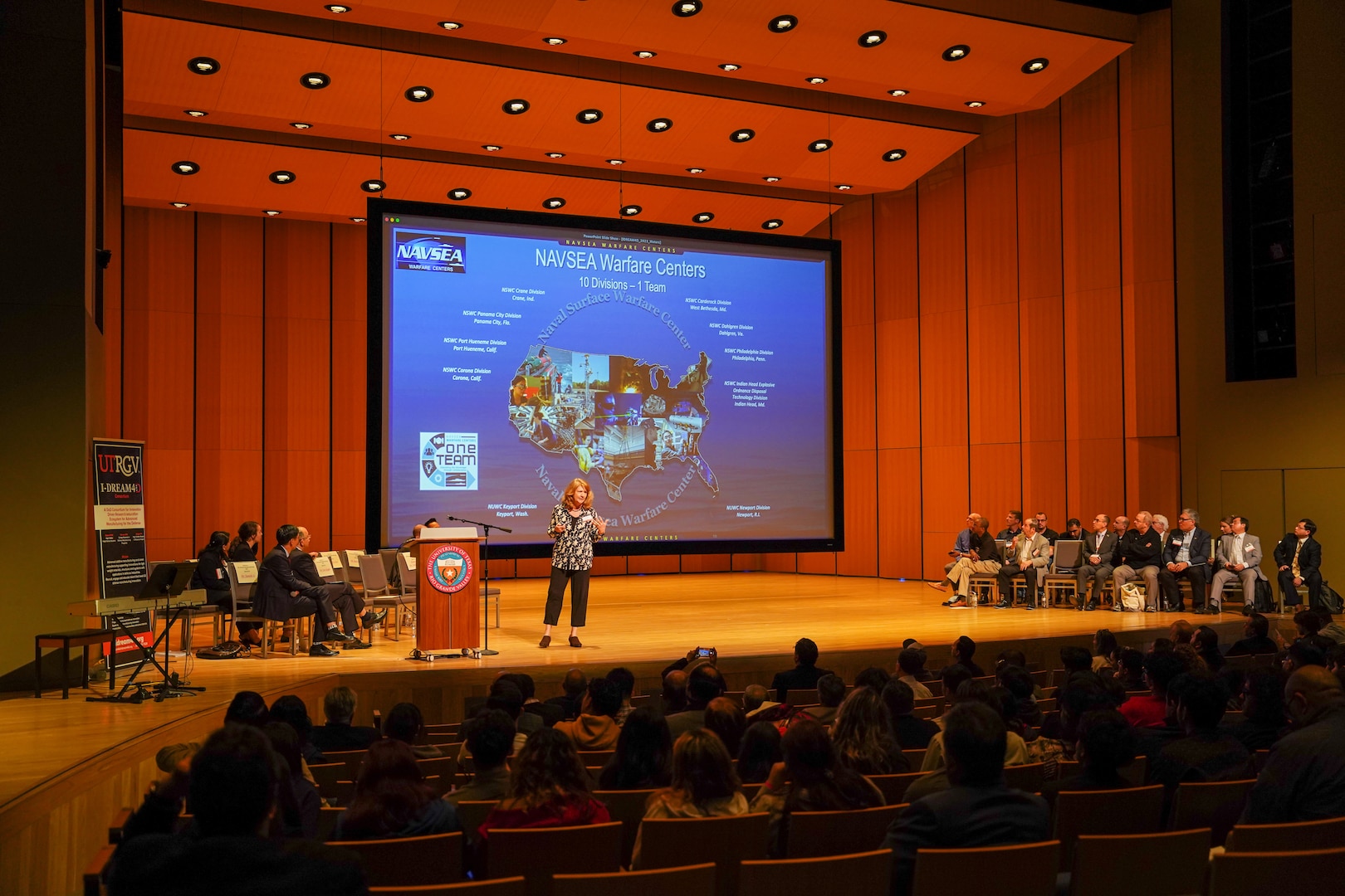 Carderock's Dr. Cynthia Waters takes the stage at the 2023 Manufacturing Expo and Exhibition at University of Texas Rio Grande Valley in Edinburg on Feb. 16, to speak to school children and inform them about Carderock, and to tell them the importance of manufacturing and engineering. (Photo provided by Dr. Cynthia Waters)