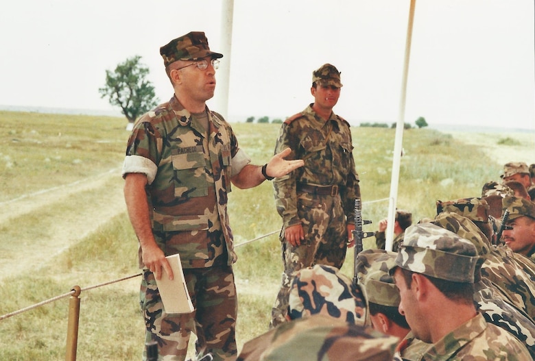 Then-Master Sgt. Manny Pacheco teaches a communications and media class during a Romanian bilateral exercise in early 2001.Throughout his Marine Corps career, he served as a Combat Correspondent and Public Affairs Marine for 21 years, working as an aide to Marine generals at home and abroad, and as the PA Chief for Marine Forces Europe. (Courtesy photo by Manny Pacheco)