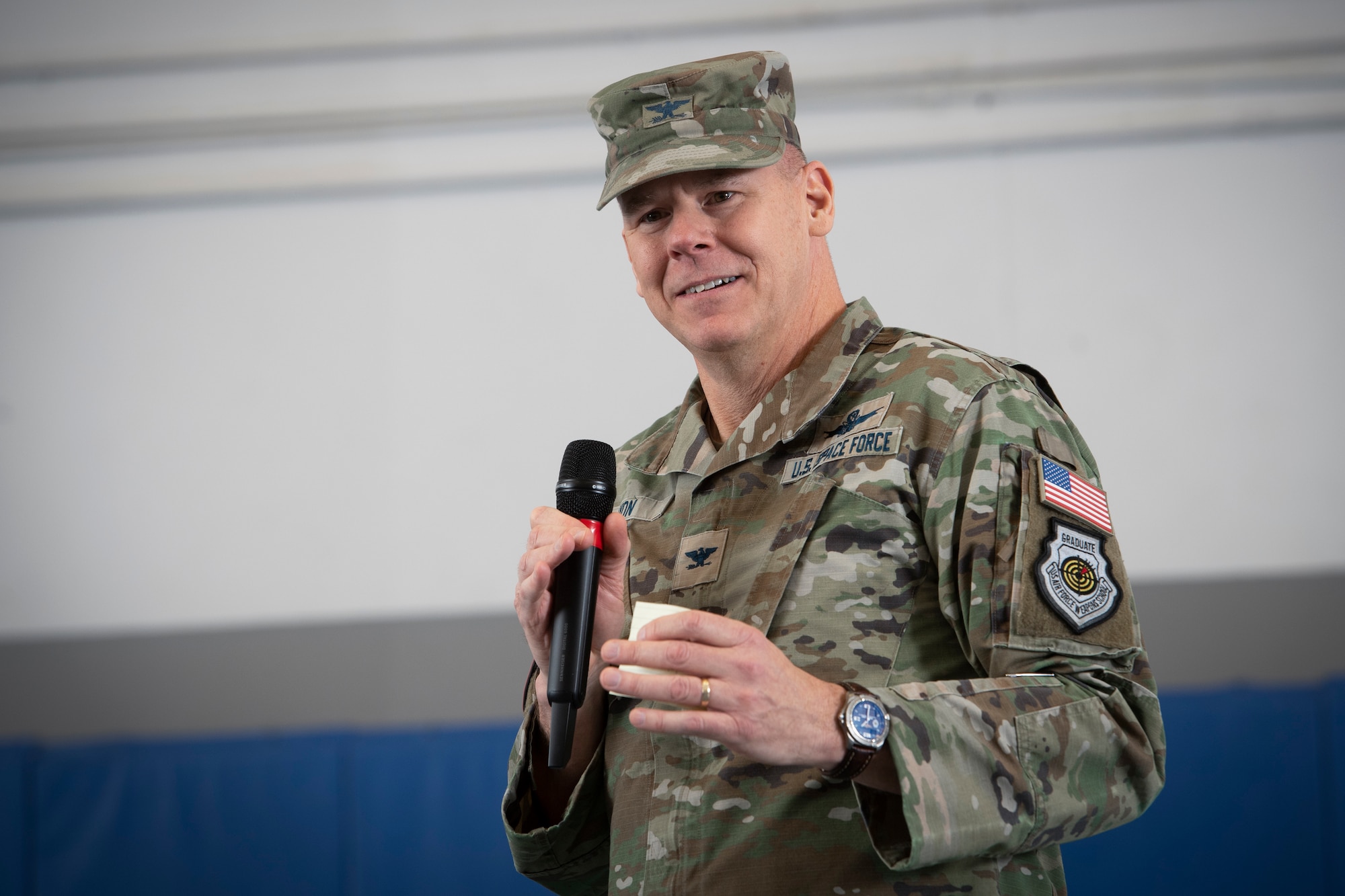 U.S. Space Force Col. Stephen Lyon, Space Delta 15 commander, gives remarks during the DEL 15 activation ceremony at Schriever Space Force Base, Colorado, March 10, 2023. Lyon is triple-hatted as the Joint Task Force-Space Defense director of operations, National Space Defense Center director, and commander of DEL 15. The mission of DEL 15 is to provide service command-and-control (C2) capability, mission ready crew forces, skills training, certifications, intelligence, surveillance, and reconnaissance (ISR), and support and cyber mission defense, and special mission support to the JTF-SD and its NSDC. (U.S. Space Force photo by Dennis Rogers)