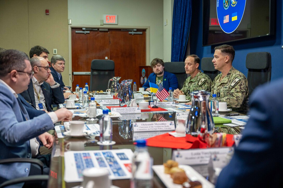 MANAMA, Bahrain (March 13, 2023) Vice Adm. Brad Cooper, commander of U.S. Naval Forces Central Command, U.S. 5th Fleet and Combined Maritime Forces, right, briefs members of a Ukrainian delegation during a visit to the U.S. Navy’s regional headquarters in Manama, Bahrain, March 13, 2023.