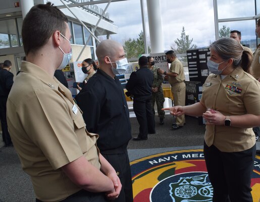 Navy Junior Reserve Officers Training Corps student cadets from Peninsula and Gig Harbor high schools visited Navy Medicine Readiness Training Command Bremerton, March 10, 2023. The approximately 50 students were given the opportunity for face-to-face interaction with Navy Nurse Corps officer and Hospital Corps staff members, attend a career fair designed to showcase hospital corpsman specialty skills such as surgical technician, preventive medicine technician and optician, as well as receive in-depth instruction on Tactical Combat Casualty Care and operational medicine (Official Navy photo by Douglas H Stutz, NHB/NMRTC Bremerton public affairs officer).