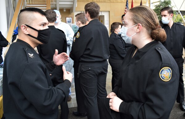 Navy Junior Reserve Officers Training Corps student cadets from Peninsula and Gig Harbor high schools visited Navy Medicine Readiness Training Command Bremerton, March 10, 2023. The approximately 50 students were given the opportunity for face-to-face interaction with Navy Nurse Corps officer and Hospital Corps staff members, attend a career fair designed to showcase hospital corpsman specialty skills such as surgical technician, preventive medicine technician and optician, as well as receive in-depth instruction on Tactical Combat Casualty Care and operational medicine (Official Navy photo by Douglas H Stutz, NHB/NMRTC Bremerton public affairs officer).