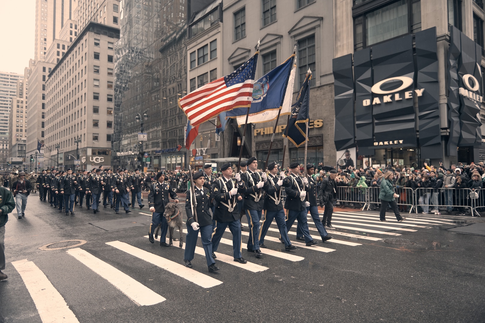 Soldiers of the New York Army National Guard's 1st Battalion, 69th Infantry Regiment, lead the St. Patrick's Day parade, Manhattan, New York, March 17, 2022. The 69th Infantry started the day, full of tradition, at 6 a.m. with a whiskey toast and then to the parade where city officials estimated more than 2 million showed up to watch which has been held every year since 1762, with the 69th leading it since 1851.