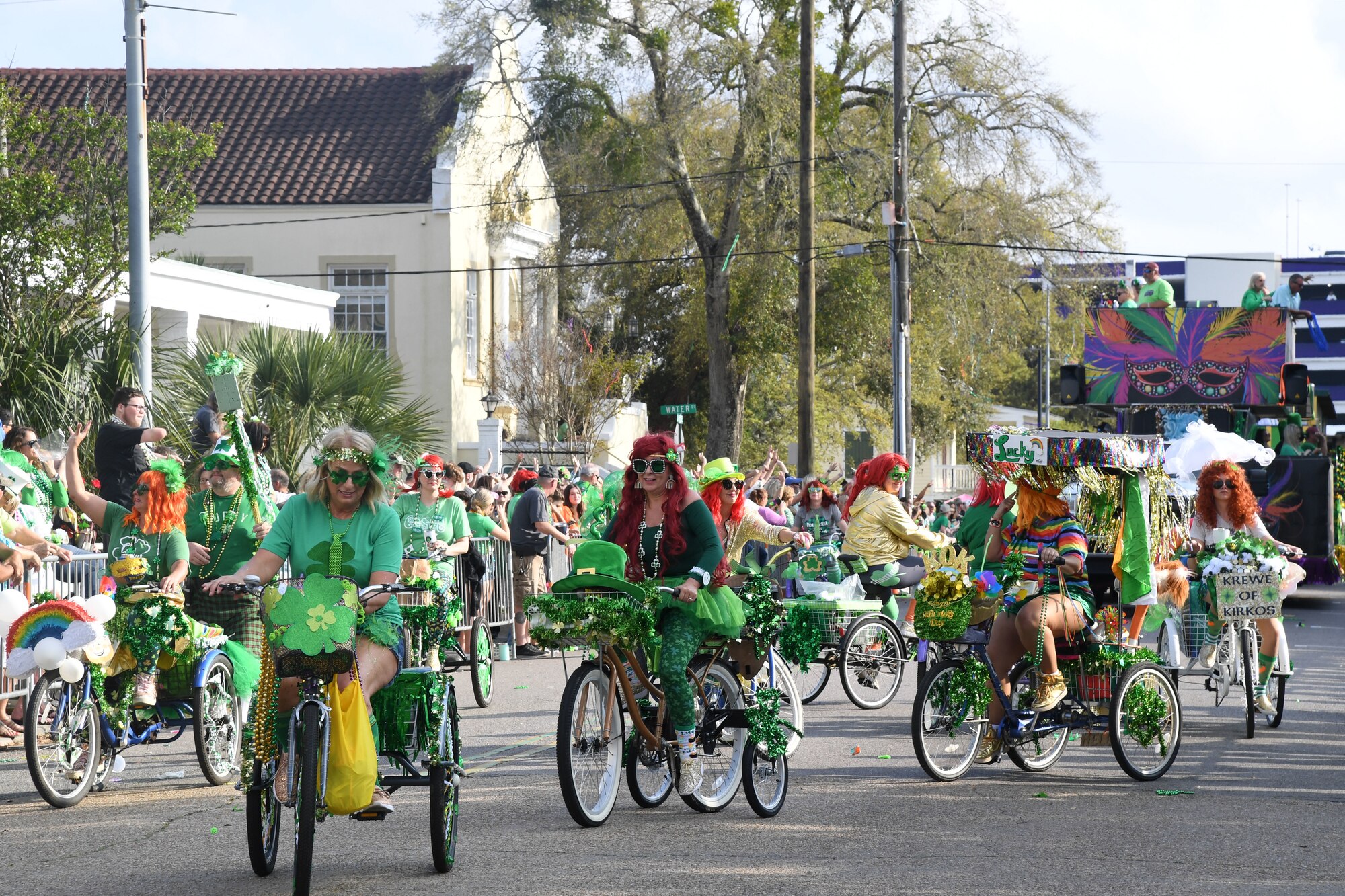 Members of the Krewe of Kirkos participate in the Hibernia Marching Society of Mississippi St. Patrick's Day Parade in Biloxi, Mississippi, March 11, 2023.
