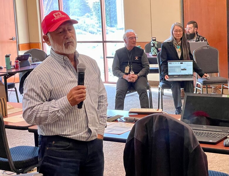 Louie Munoz, emergency management specialist with the U.S. Army Corps of Engineers Los Angeles District, answers questions during the Southern California Post-Fire Mitigation, Recovery and Resilience Workshop for Tribes at the Pechanga Reservation near Temecula, California, Feb. 28, 2023.
