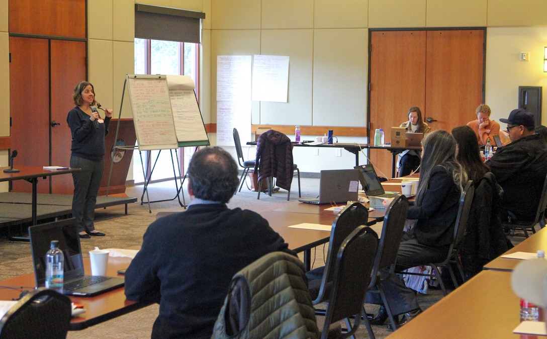 Danielle Storey, district tribal liaison and Program Manager for the Tribal Partnership Program, U.S. Army Corps of Engineers Los Angeles District, speaks during the Southern California Post-Fire Mitigation, Recovery and Resilience Workshop for Tribes at the Pechanga Reservation near Temecula, California, Feb. 28, 2023. During the daylong workshop, the Corps teamed up with other local, state and federal agencies to share information about flood-fighting resources with tribal partners.