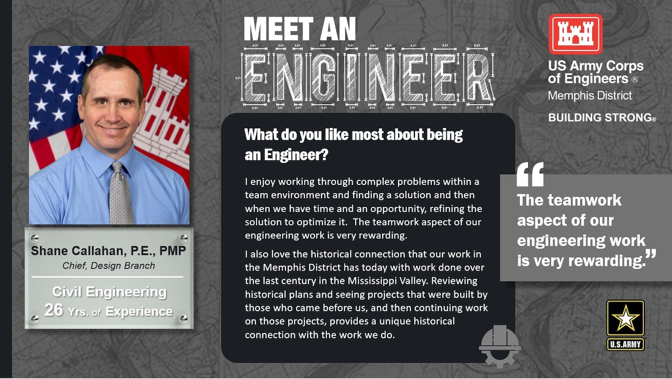 National Engineer Week was February 19 - 25, 2023. Each day during the week, we featured a Memphis District engineer. In the profile, we hear about what he or she likes most about being an engineer.

