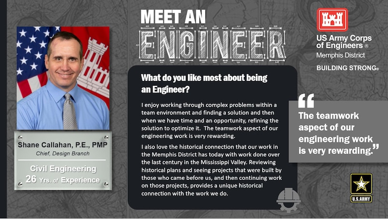 National Engineer Week was February 19 - 25, 2023. Each day during the week, we featured a Memphis District engineer. In the profile, we hear about what he or she likes most about being an engineer.

In this profile, Loy Hamilton, a construction engineer with 40 years of experience, says one of his favorite things about being an engineer is, "Not only do we build, we sometimes break things also, on purpose."

Thank you, Loy! And thank you to all our engineers! We appreciate everything you do for our great nation!